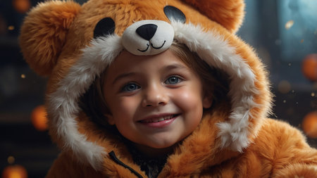 A young girl wearing a cozy bear hoodie smiles warmly in a dimly lit room during the autumn season.の素材