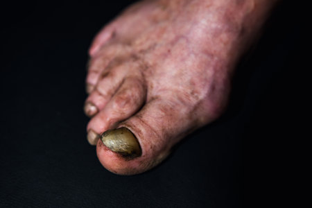 A close-up toenail suffering from onycholysis, characterized by its separation from the nail bed
