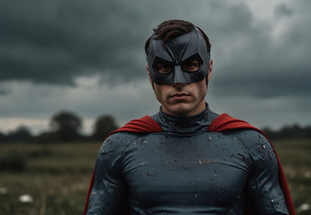 A heroic man in a striking superhero costume stands confidently in a dramatic landscape under an ominous sky.の素材