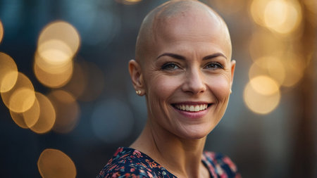 Smiling Bald Woman With a Joyful Expression Stands in Front of Glowing Lights During an Evening Celebration in an Urban Setting.の素材