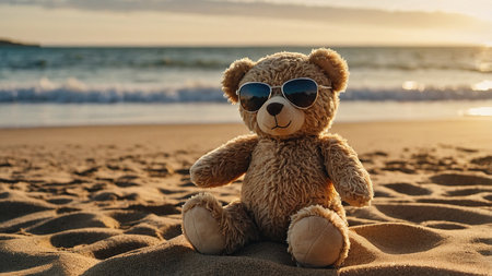 A teddy bear in sunglasses and a bowtie enjoying a sunset on a sandy beach with gentle waves in the background.の素材