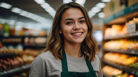 A friendly seller poses in a vibrant grocery store filled with fresh produce during a busy afternoon.の素材