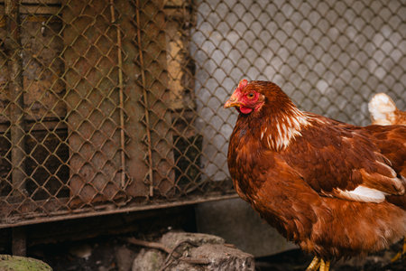 A detailed view of a brown hen in a backyard coop enjoying a sunny afternoon amidst a fenced enclosure.の写真素材