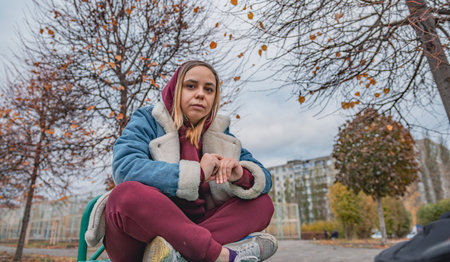 A young woman sits pensively on a bench in an autumn park surrounded by colorful leaves and bare trees.の写真素材