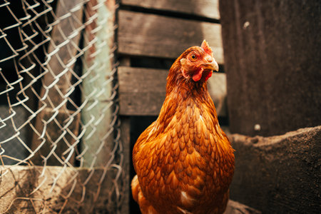 A close-up of a brown hen observing its surroundings in a garden during a sunny afternoon in the countryside.の写真素材