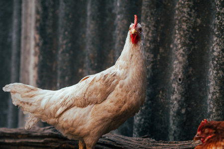 A white hen is perched peacefully against a textured weathered backdrop at a rural farm The setting is serene showcasing a calm moment in nature.の写真素材