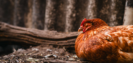 Detailed Portrait of a Brown Hen in a Farmyard Environment During Daylight.の写真素材