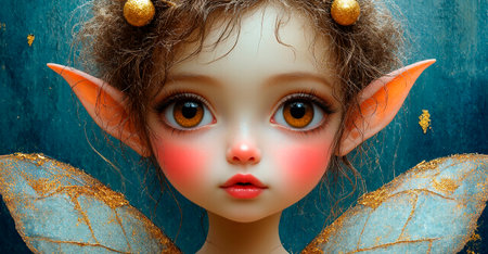 A captivating fantasy character with oversized eyes and delicate wings stands against a vibrant background The character exudes charm with unique features and a playful expressionの素材