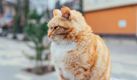 An orange cat sits peacefully on a pedestal in a bustling town square filled with colorful buildings...