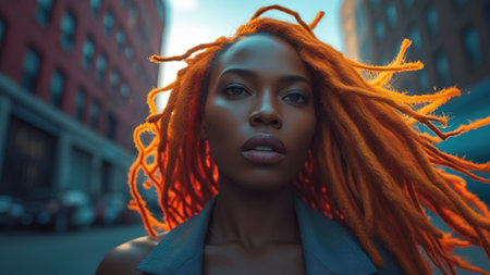 Young African American Woman With Vibrant Hair Stands Confidently in Urban Setting at Sunset.の素材