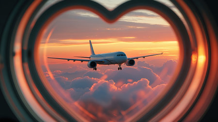 Airplane Flying Through Heart Shaped Window During Sunset With Colorful Clouds and Contrails Overhead.の素材