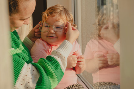 Child Enjoys a Moment by the Window With an Adult in Soft Evening Lightのeditorial素材