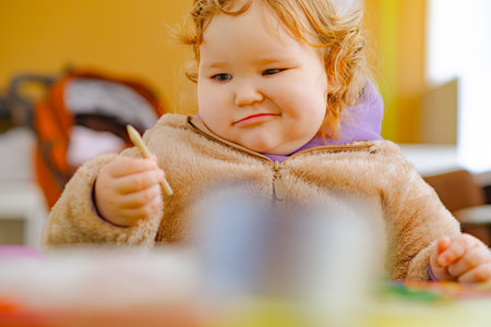 A toddler with curly hair focuses intently on painting with colorful brushes The warm indoor setting...