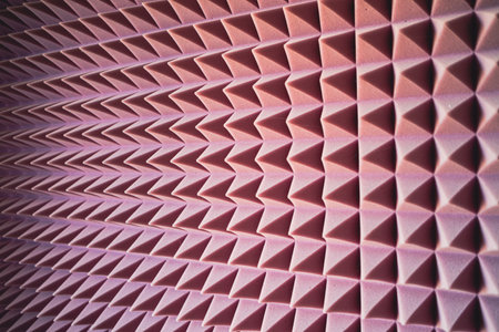 Close-up view of acoustic foam rubber with a textured surface designed for sound absorption in...