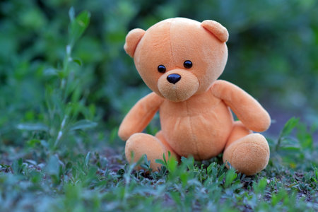 A plush teddy bear with vibrant orange fur is placed on the ground amidst lush green grass and...