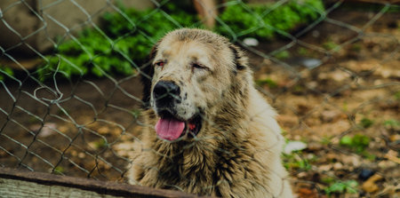 A dog sits quietly behind a chain link fence enjoying the warmth of a sunny afternoon The dogs fur appears slightly unkempt adding to its charm in the peaceful setting.の写真素材