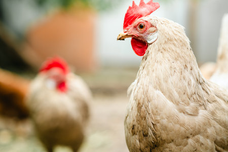 A hen stands prominently in a barnyard while other chickens wander nearby, enjoying a sunny day. The coop environment provides a rustic backdrop for their activityの写真素材