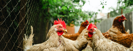 A group of chickens walks around a cozy backyard coop surrounded by greenery. The animals appear healthy and curious, enjoying their environment on a cloudy dayの写真素材