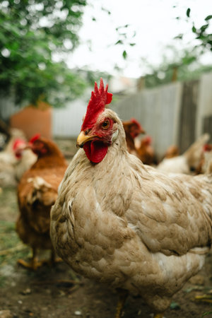 A group of chickens walks around a cozy backyard coop surrounded by greenery. The animals appear healthy and curious, enjoying their environment on a cloudy dayの写真素材