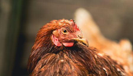A brown hen stands confidently amidst rustic farm surroundings in the late afternoon light. The hen appears healthy and alert, showcasing its feathers and distinct featuresの写真素材