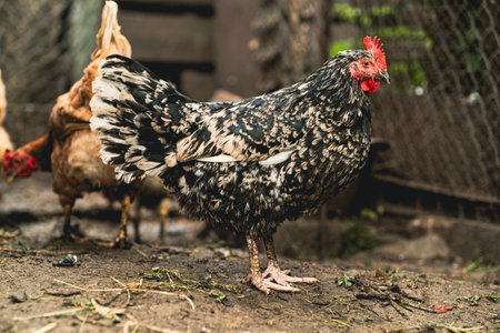 Several chickens, featuring various colors and patterns, are actively foraging on the ground in a farmyard. The environment suggests a vibrant, rural setting filled with lifeの写真素材