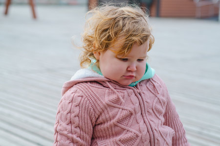 Young child with light curly hair is looking down while wearing a soft pink sweater The wooden...
