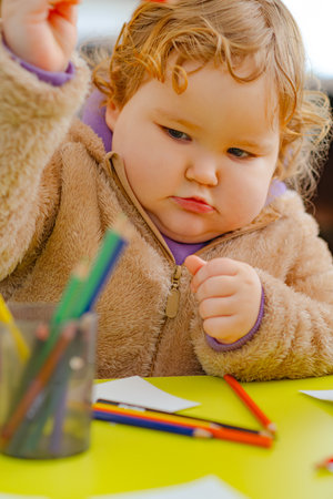 A toddler with curly hair focuses intently on painting with colorful brushes The warm indoor setting...