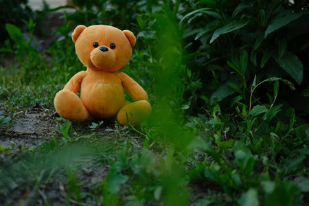 A plush teddy bear with vibrant orange fur is placed on the ground amidst lush green grass and plants enjoying the sunny atmosphere of a peaceful garden.の写真素材