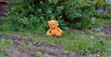 A plush teddy bear with vibrant orange fur is placed on the ground amidst lush green grass and...