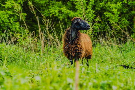 A fluffy sheep is grazing on lush green grass in an open pasture surrounded by trees The animal wears a collar and enjoys the serenity of the rural landscape on a sunny day.の写真素材