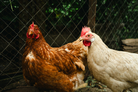 Chickens forage in a rural backyard during the afternoon sun with a rustic wooden fence in the...