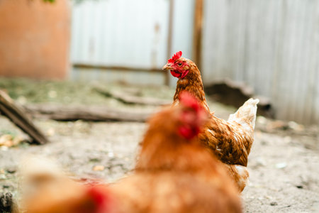 Chickens forage in a rural backyard during the afternoon sun with a rustic wooden fence in the background.の写真素材