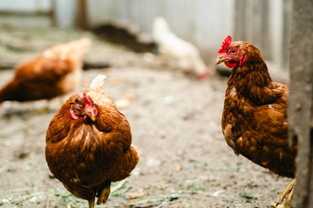 Chickens forage in a rural backyard during the afternoon sun with a rustic wooden fence in the background.の写真素材