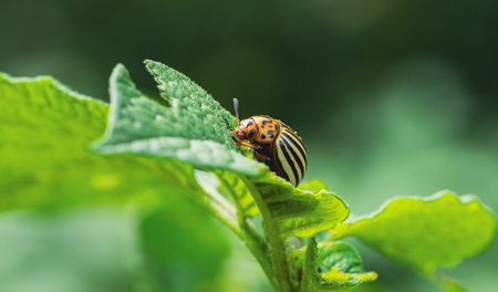 Colorado Potato Beetle Feeding on a Green Leaf in a Garden Setting During Summer Sunlight.