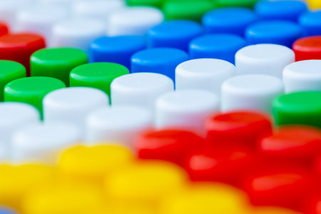 Colorful Childrens Construction Kit Pieces Arranged Neatly in a Playful Setting for Creative Activities.の写真素材