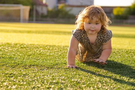 A young child with curly hair smiles while crawling on a green grassy surface The sun creates a warm glow illuminating the playful scene during late afternoonの写真素材