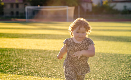 A young child runs excitedly across a well-lit grassy field during the day Surrounding elements...