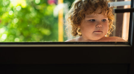 A young child with curly hair examines the screen door showing curiosity and wonder Sunlight filters through illuminating their playful expression on a warm dayの写真素材