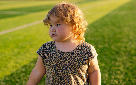 Young child dressed in a playful leopard print outfit is walking barefoot across a lush green lawn...