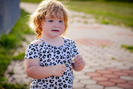 In a sunny park a young child with curly hair focuses on tearing petals from a bright daisy.の写真素材