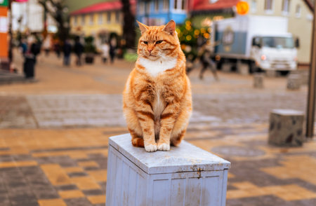 An orange cat sits gracefully on a gray pedestal observing the bustling activity of a colorful street filled with shops people and greenery in the background.の写真素材