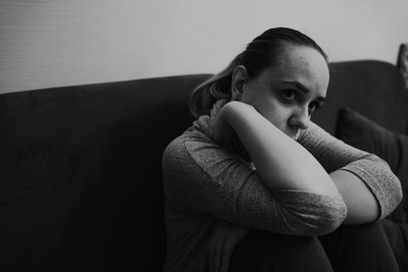The image captures a woman resting her chin on her arm while sitting on a couch surrounded by a subdued atmosphere that enhances her thoughtful demeanor and pensive moodの写真素材