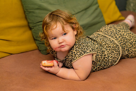 Child Enjoys Colorful Dessert While Lounging on a Couch in a Cozy Living Room During the Afternoonの写真素材