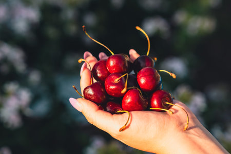 A hand holds a vibrant bunch of fresh cherries showcasing their glossy surface and deep red color...