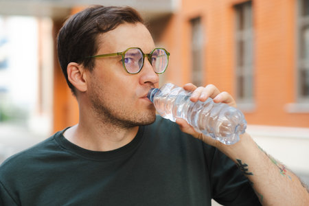 A young man in a dark green shirt and glasses drinks water from a clear bottle while standing in a...