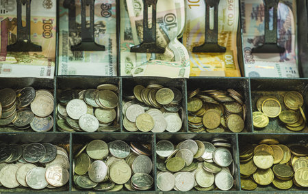 Currency in rubles fills a cash register drawer with organized notes and coins during a transaction...