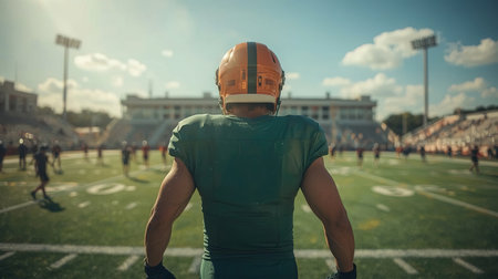 A football player stands on the field, wearing a helmet and uniform, watching teammates practice as clouds drift by on a warm afternoon. The energy is high as players engage in drills.の素材