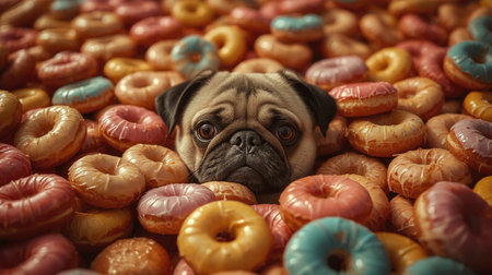 A pug sits playfully amidst a variety of donuts, showcasing pink, glazed, and sprinkled pastries in a colorful arrangement. The joyful contrast highlights the dog's inquisitive expressionの素材