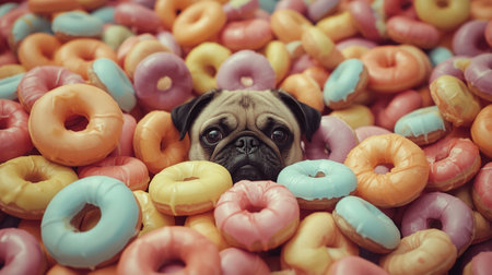 A pug sits playfully amidst a variety of donuts, showcasing pink, glazed, and sprinkled pastries in a colorful arrangement. The joyful contrast highlights the dog's inquisitive expressionの素材