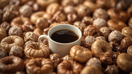 A white cup filled with black coffee sits among a colorful variety of donuts. The table is covered with glazed and frosted treats, creating a warm and inviting atmosphere for dessert loversの素材